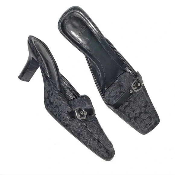 Coach jacquard logo black silver buckle square toe mules size 8.5 Y2K 90s style - Picture 1 of 7